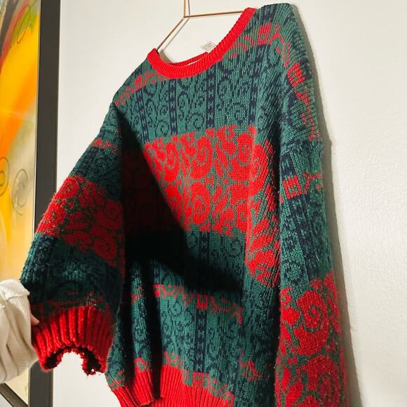 Vintage Tarrazia Red Green Holiday Crewneck Longsleeve Geometric Sweater Size M - Picture 4 of 10